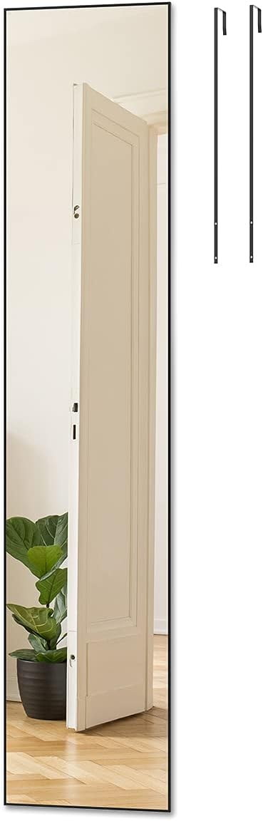 ANYHI Large Full Length Mirror, 65"x13.8" Door Mirror Full Length, 2 Hooks, Over The Door or Wall Monuted, Aluminum Frame, for Bedroom Bathroom Checkroom, Black