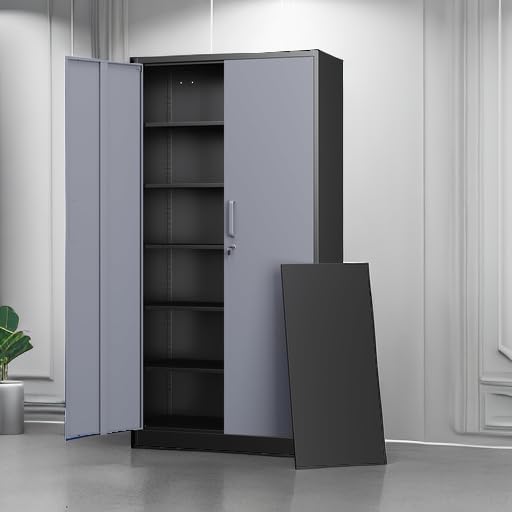 Letaya Metal Storage Cabinets with Lock Door and 5 Adjustable Shelves, Steel Garage Tool Organization Cabinets for Home,Utility Room, Warehouse,Lockers(71"-Black Gray)