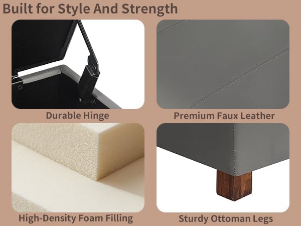 Joveco 24" Leather Storage Ottoman Bench, Rectangle Foot Rest Stool for Living Room, Bedroom, Entryway, Grey