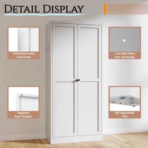 61'' Storage Cabinet, 4 Adjustable Shelves Kitchen Pantry with 2 Doors, Tall White Metal Storage Cabinet with External Hooks, Heavy-Duty Farmhouse Pantry for Kitchen Living Room