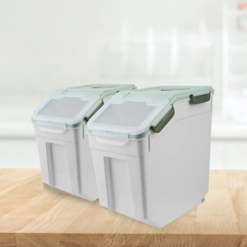 2Pcs Airtight Rice Flour Storage Container 25lbs, Large Pet Food Container Box Plastic Rice Storage Bin with Lid, Grain Cereal Bucket with Spoon Measuring Cup and Wheel (Green)