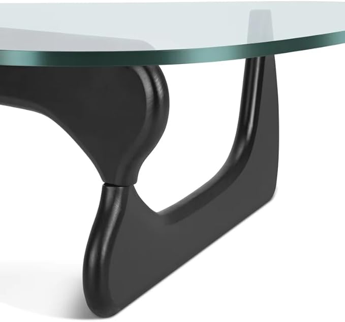Noguchi Triangle Glass Coffee Table with Solid Wood Base, Vintage Clear Glass Top Modern Design for Living Room, Patio, Study, Black