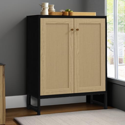 Panana Rattan Decorated 2 Doors Storage Cabinet Accent Cabinet Living Room Cupboard Kitchen Sideboard Buffet Table (Black)