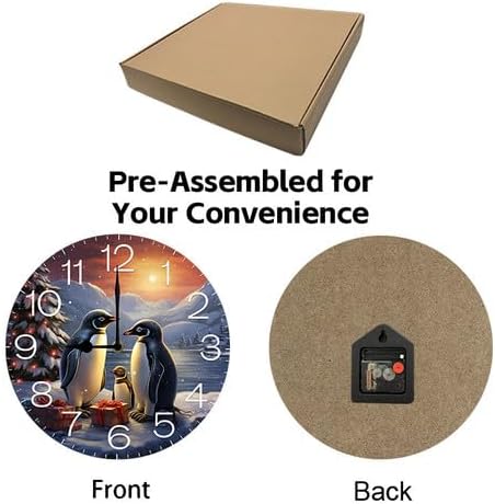 Christmas Tree and Penguins Wall Clock Large Silent Non-Ticking Battery Operated Modern Clocks for Living Room Decor/Bedroom/Office (10x10 in)