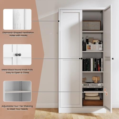 61'' Storage Cabinet, 4 Adjustable Shelves Kitchen Pantry with 2 Doors, Tall White Metal Storage Cabinet with External Hooks, Heavy-Duty Farmhouse Pantry for Kitchen Living Room