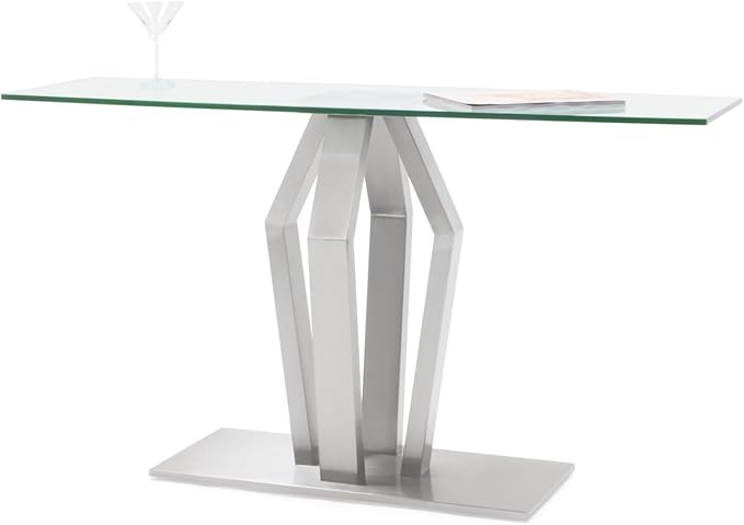 Modern Tempered Glass Aiden Console Table with Brushed Stainless Steel Base
