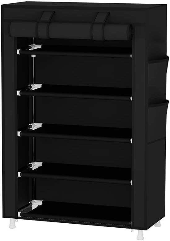 Calmootey 5 Tier Shoe Rack Organizer,Portable Shoe Shelf with Nonwoven Fabric Cover for Closet Hallway,Bedroom,Entryway,Black