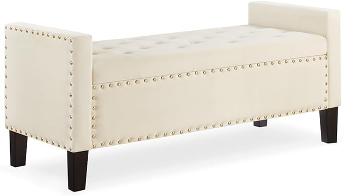 24KF Velvet Modern Upholstered Tufted Button Storage Bench with Arms for Bedroom,Entryway Living Room Soft Padded Seat-Cream
