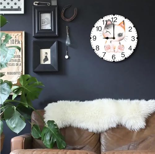 Wall Clock,Cat Licking Paw Kitchen Decor and Accessories, Decorative Battery Operated Clocks for Living Room Bedroom Bathroom Farmhouse 12 Inch