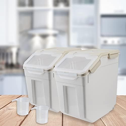 2Pcs Airtight Rice Flour Storage Container 25lbs, Large Pet Food Container Box Plastic Rice Storage Bin with Lid, Grain Cereal Bucket with Spoon Measuring Cup and Wheel (Grey)