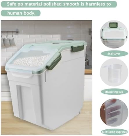 2Pcs Airtight Rice Flour Storage Container 25lbs, Large Pet Food Container Box Plastic Rice Storage Bin with Lid, Grain Cereal Bucket with Spoon Measuring Cup and Wheel (Green)