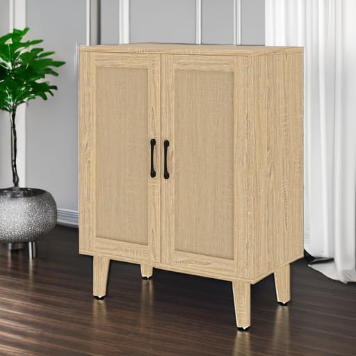 Panana Buffet Cabinet Sideboard with Rattan Decorated Doors Kitchen Storage Cupboard Accent Cabinet (Natural Wood)