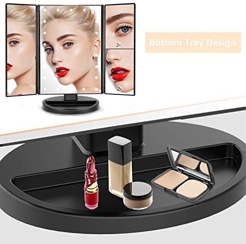 Trifold Makeup Mirror Vanity Mirror with Lights,1X 2X 3X Magnification,Touch Screen,180 Adjustable Rotation,Portable Travel Bathroom Cosmetic Mirror