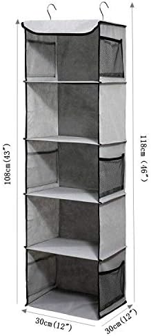 5 Shelves Hanging Closet Organizer, 2 Pack Hanging Storage with 6 Side Pockets for Clothes Bags, 43"x12"x12"(Gray)