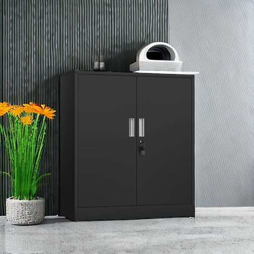 Metal Storage Cabinet with Locking Doors and 2 Adjustable Shelves, Small Lockable Steel Storage Cabinets for Home Office Garage Kitchen Pantry (Black)