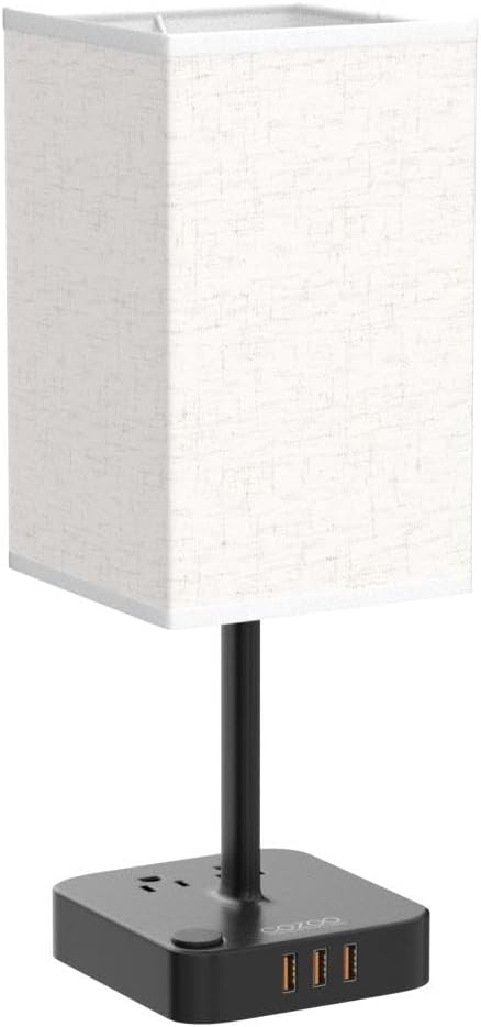 COZOO USB Bedside Dimmable Table Desk Lamp with 2 USB Charging Ports 2 Outlets Power Strip,Black Charger Base Flaxen Fabric Shade, LED Light for Bedroom/Nightstand/Living Room/Dorm/Home Office/College
