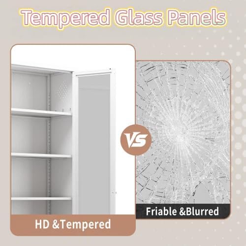 72'' Storage Cabinet, 5 Adjustable Shelves Kitchen Pantry with 2 Glass Doors, Tall White Metal Storage Cabinet with External Hooks, Freestanding Heavy-Duty Pantry for Kitchen