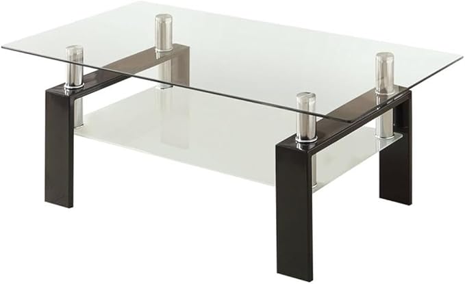BOWERY HILL Modern 48" Glass Top Contemporary Coffee Table in Black and Chrome