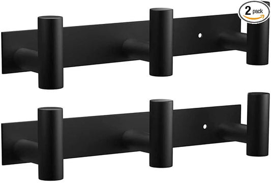 VAEHOLD Black Hat and Coat Wall Mount Rack - 3 Hooks for Robes, Bags, Keys, and Towels - Bathroom Towel Hanger Organizer (2 Pack)