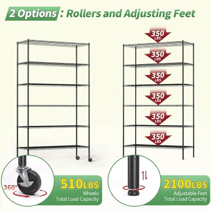 BestOffice Storage Shelves 6 Tier Metal Shelves Adjustable Garage Shelving Wire Shelving Unit Capacity 2100LBS with Wheels for Kitchen, Garage Pantry Closet Commercial,Black