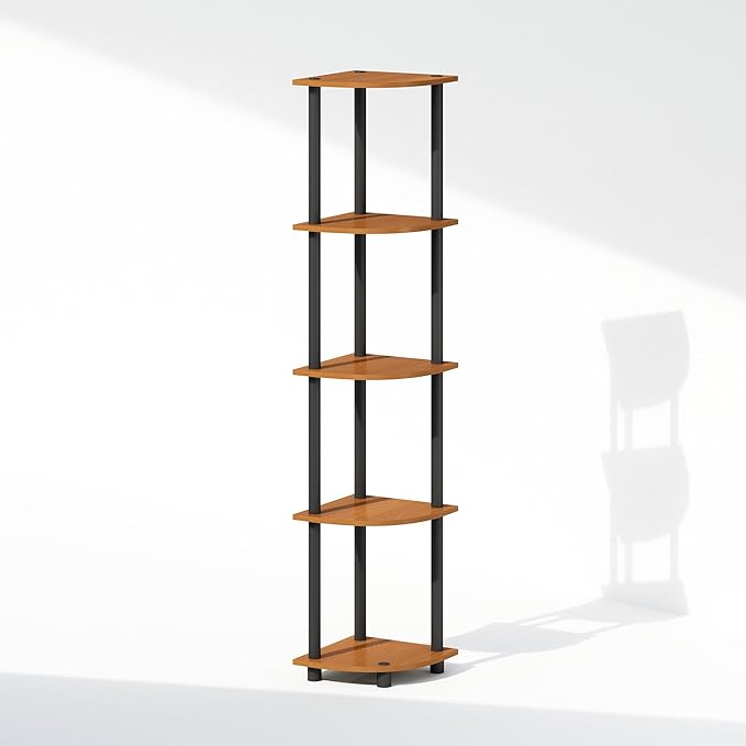 Furinno Turn-N-Tube Storage Shelves, 5-Tier Book Shelf, Corner Shelf, Toolless Open Shelves, for Organization and Storage, Living Room, Home Office, Hallway, Bedroom, Light Cherry