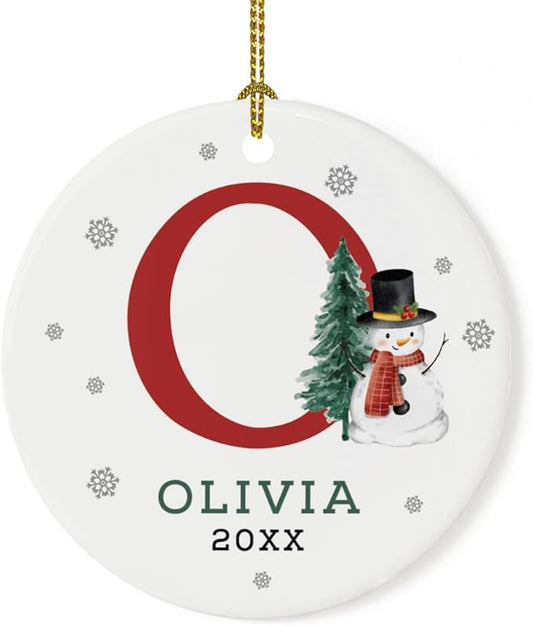 Andaz Press Personalized Christmas Ornaments, Custom Name, Initial O Monogram Snowman 2.8" Ceramic Porcelain 2025 Christmas Ornament Keepsake for Kids, Boys, Girls, 1-Pack Initial Ornaments