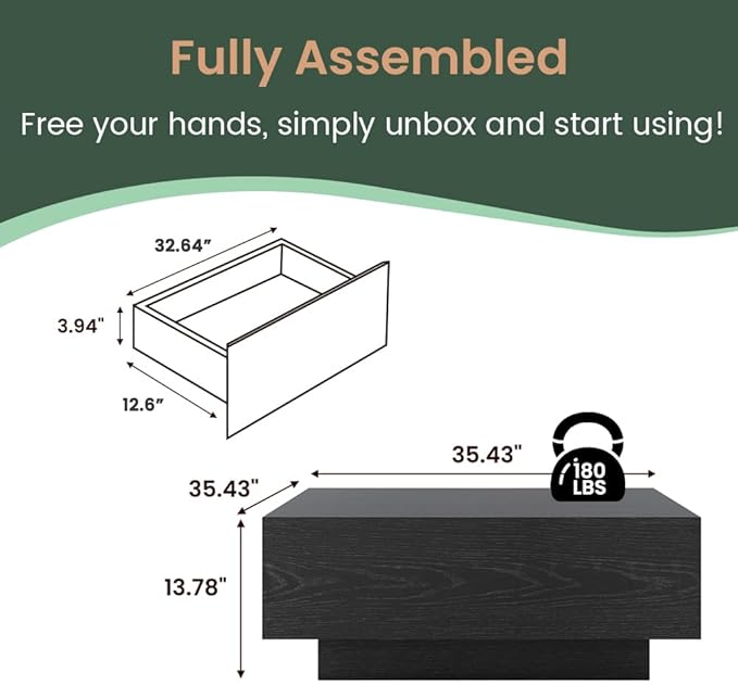 POVISON Modern Square Coffee Table with Drawers, 35.43" Wood Coffee Table for Living Room Home Office, Fully-Assembled Black