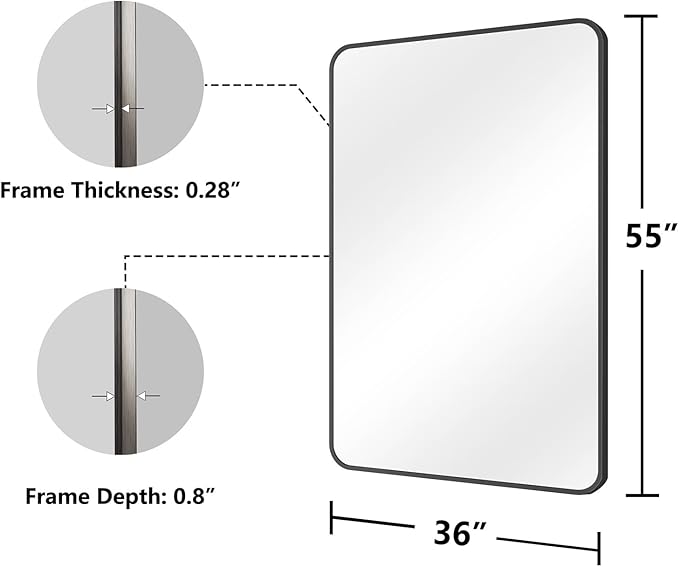 Koonmi Bathroom Mirror, 36X55 Brushed Black Rectangle Wall Mirror, HD Tempered Glass, Anti-Rust Frame Vanity Mirror, Rounded Rectangle Mirror for Restroom, Bedroom, Hangs Horizontal or Vertical