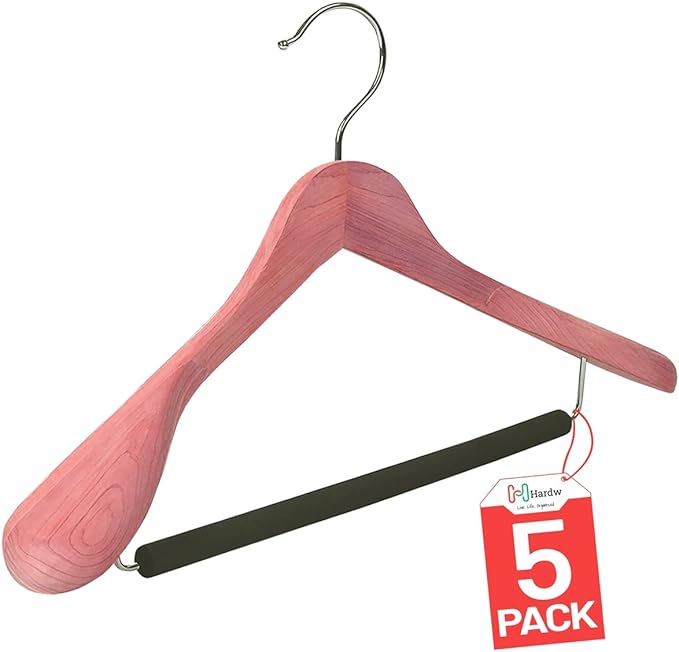 Cedar Hangers for Closet - 5 Pack Extra Wide Wooden Hangers for Suits, Coat, Dress, Jacket, Clothes Storage - Non Slip Foam Padded Pant Bar with 360° Swivel Hook, Aromatic American Cedar Wood