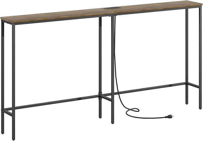 63 Inch Console Table with Power Outlet,Modern Narrow Long Sofa Table Behind Couch,Skinny Entry Table with Black Metal Frame for Entryway,Living Room, Hallway,Walnut Brown