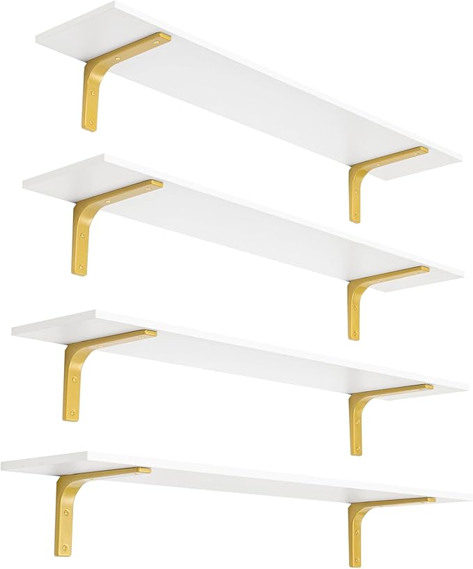 DINZI LVJ Long Wall Shelves, 47.3" Wall Mounted Shelves Set of 4, Large Floating Shelves with Metal Brackets, for Living Room, Bathroom, Bedroom, Kitchen, White and Gold
