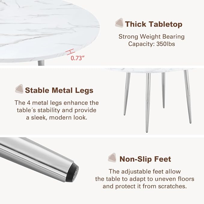 FURNITO 42"-54" Extendable Round Dining Table for 4–6, White Faux Marble & Wood Grain Top with Silver Metal Legs, Contemporary Oval Kitchen Table, Space-Saving Dining Room Table, Easy Assembly