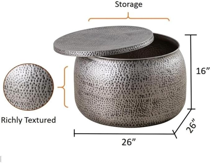 Albany Living Modern Round Aluminum Hammered Embossed Texturing, Metal Drum Coffee Table with Removable Lid for Storage,Fully Assembled, for The Living Room and Bedroom, Gray