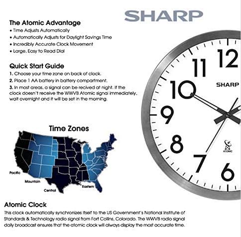 Sharp Atomic Analog Wall Clock - 12" Silver Brushed Finish - Sets Automatically- Battery Operated - Easy to Read - Easy to Use– Modern Design and Style