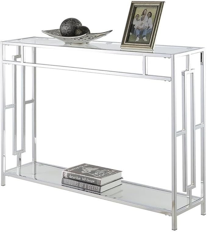 Convenience Concepts Town Square Chrome Console Table 42" - Contemporary Modern Sofa Table with Storage Shelf, Narrow Entryway Hall Table for Living Room, Bedroom, Bathroom, Glass/Chrome