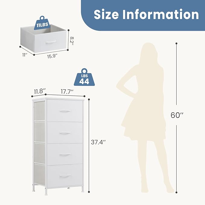 DUMOS Nightstand with 4 Drawers Bedside Table with Removable Fabric Bins Sturdy Steel Frame Wood Top Organizer Furniture for Bedroom Closet Living Room