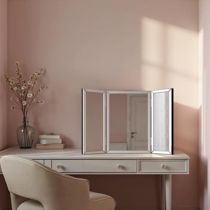 Howard Elliott Tripoli Trifold Vanity Mirror 3 Way TableTop Bedrooms, Bathroom, Makeup Portable Cosmetic & Makeup Mirror with Beveled Edges Tri-fold Mirror, 31 Inch x 21 Inch