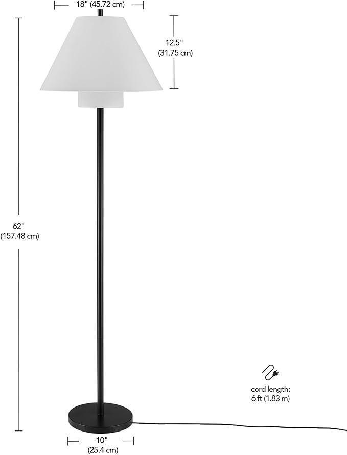 GLOBE Electric 61000170 62" Floor Lamp, Matte Black, White Fabric Double Shade, On/Off Rotary Switch on Socket, 5-Foot Black Cord, 1-Light, 60W E26/Medium Base Bulb