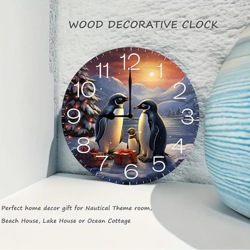 Christmas Tree and Penguins Wall Clock Large Silent Non-Ticking Battery Operated Modern Clocks for Living Room Decor/Bedroom/Office (10x10 in)
