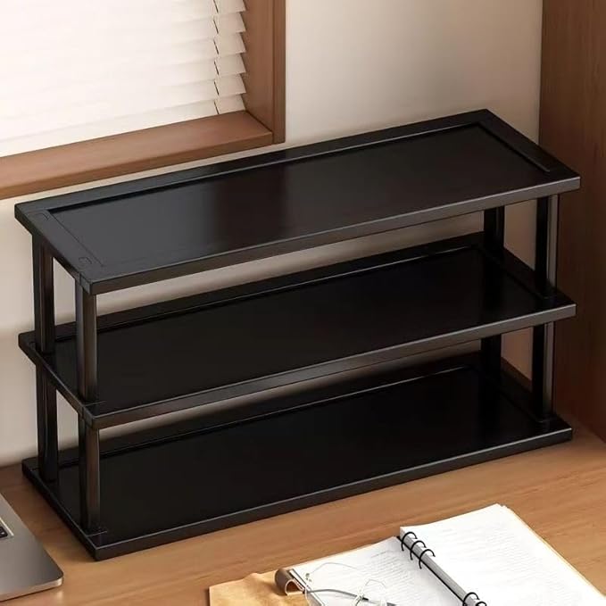 Bamboo Desktop Bookshelf Organizer – 3-Tier Desk Storage Rack for Office, Home, Study, Kitchen – Compact Shelf for Books, Plants, Toiletries, Supplies (Three Layers - Length 26.38 in)