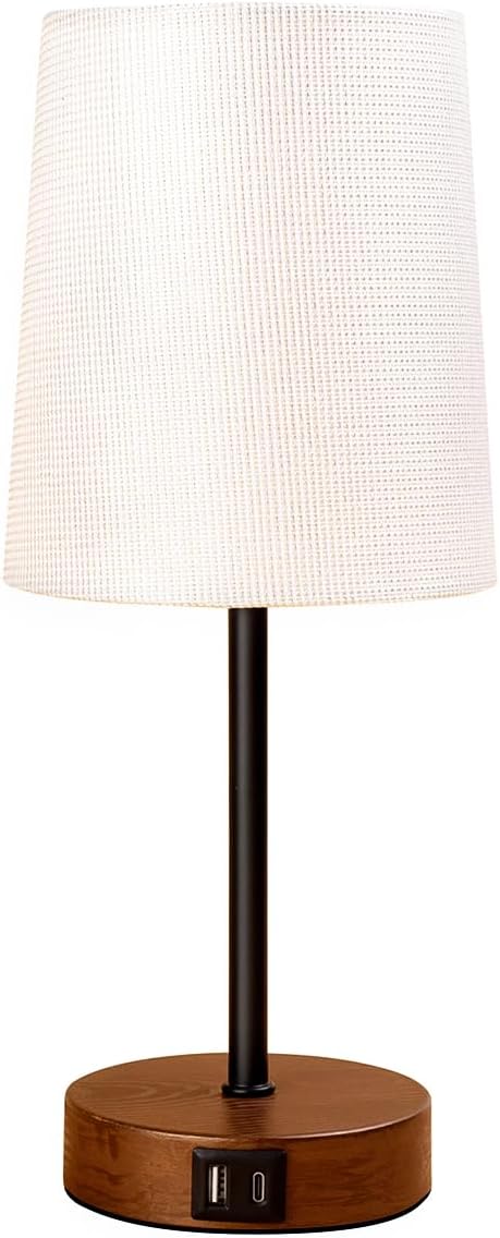 Modern USB & Type-C Bedside Lamp with Touch Control, Dimmable Table Lamp with White Fabric Shade Enhanced with Gold Threads, Includes LED Bulb - Ideal for Bedroom, Office, Dorm