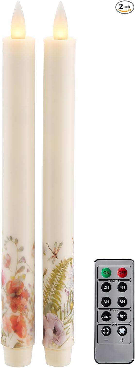 Flameless Taper Candles Flickering with Remote and Timer, 3D Moving Flame Taper Candle Battery Operated to 400 Hours, 9 Inch Window Candles, (Wild Flower)