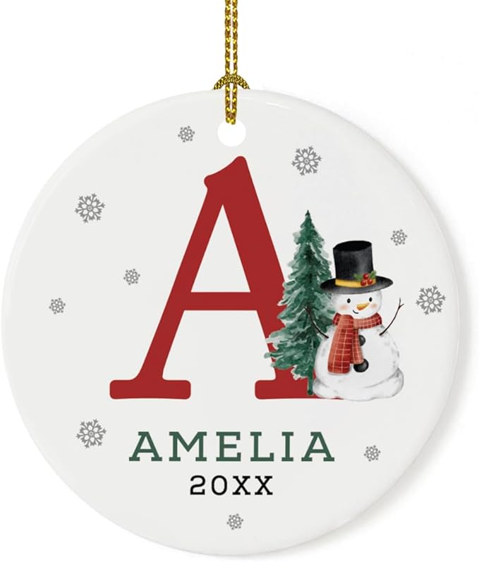 Andaz Press Personalized Christmas Ornament, Custom Name Initial A Monogram Snowman 2.8" Ceramic Porcelain 2025 Christmas Ornament For Kids Boys Girls 1-Pack Initial Ornaments Name Ornaments Christmas