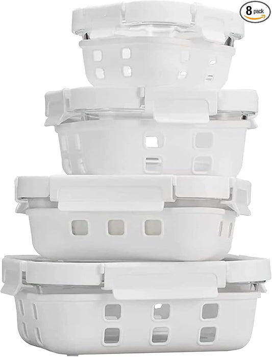 GENICOOK Glass Food Storage Meal Prep Containers - Food Grade Silicone Wrap & Air Release Vent, Rectangular shape - 8 Pc Set (4 Containers - 4 Matching Lids)