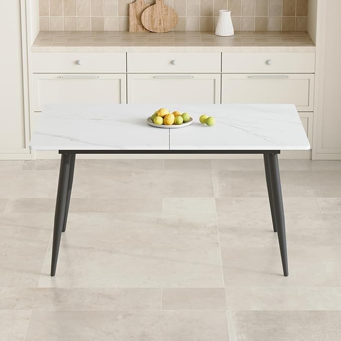 59"-75" White Extendable Dining Table for 6–8, Modern Rectangular Kitchen Dining Table with Black Metal Legs, Durable MDF Top, Space-Saving Expandable Dinner Table for Dining Room or Apartment