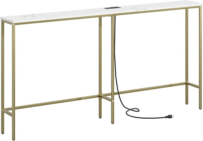 63 Inch Console Table with Power Outlet,Modern Narrow Long Sofa Table Behind Couch,Skinny Entry Table with Gold Metal Frame for Entryway,Living Room, Hallway,Marble White