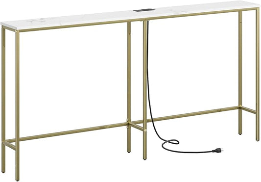 63 Inch Console Table with Power Outlet,Modern Narrow Long Sofa Table Behind Couch,Skinny Entry Table with Gold Metal Frame for Entryway,Living Room, Hallway,Marble White