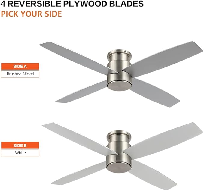 WINGBO 52" Flush Mount DC Ceiling Fan without Lights, 4 Reversible Blades, Ultra Quiet 6-Speed DC Motor, Hugger Low Profile Indoor Ceiling Fan No Lights, Brushed Nickel Finish