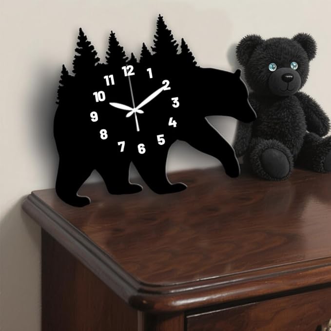 CHGCRAFT Bear Carrying Forest Pattern Wall Clock 15.2 Inch Wood Grain Non-Ticking Irregular Shape Clocks Wall Hanging Clock Battery Operated for Bedroom Living Room Kitchen Office