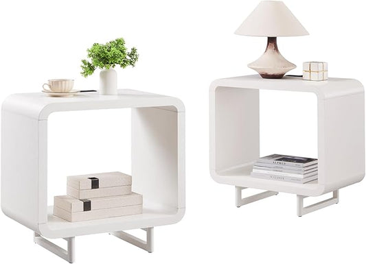 23.6" Modern End Table Set of 2, 2 Tier Side Table with Charging Station, Simple Bedside Table with Open Storage Shelf, Outlet, Wooden Nightstand for Bedroom, Living Room, Study, White